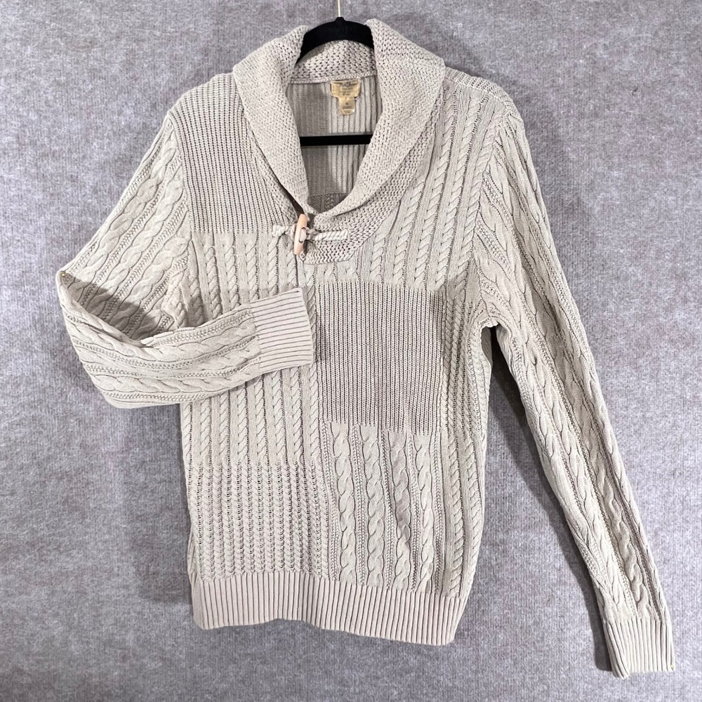 Tre Vero Three Truths Sweater Mens Medium Beige Cable Knit Toggle Shawl Coastal